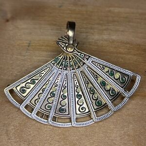 Vintage Damascene Fan Pendant Brooch Toledo Spain Articulated Gold Inlay Green